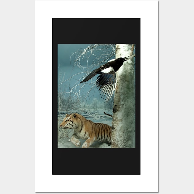 Natural environment diorama - a tiger and a bird in the snow Wall Art by Reinvention